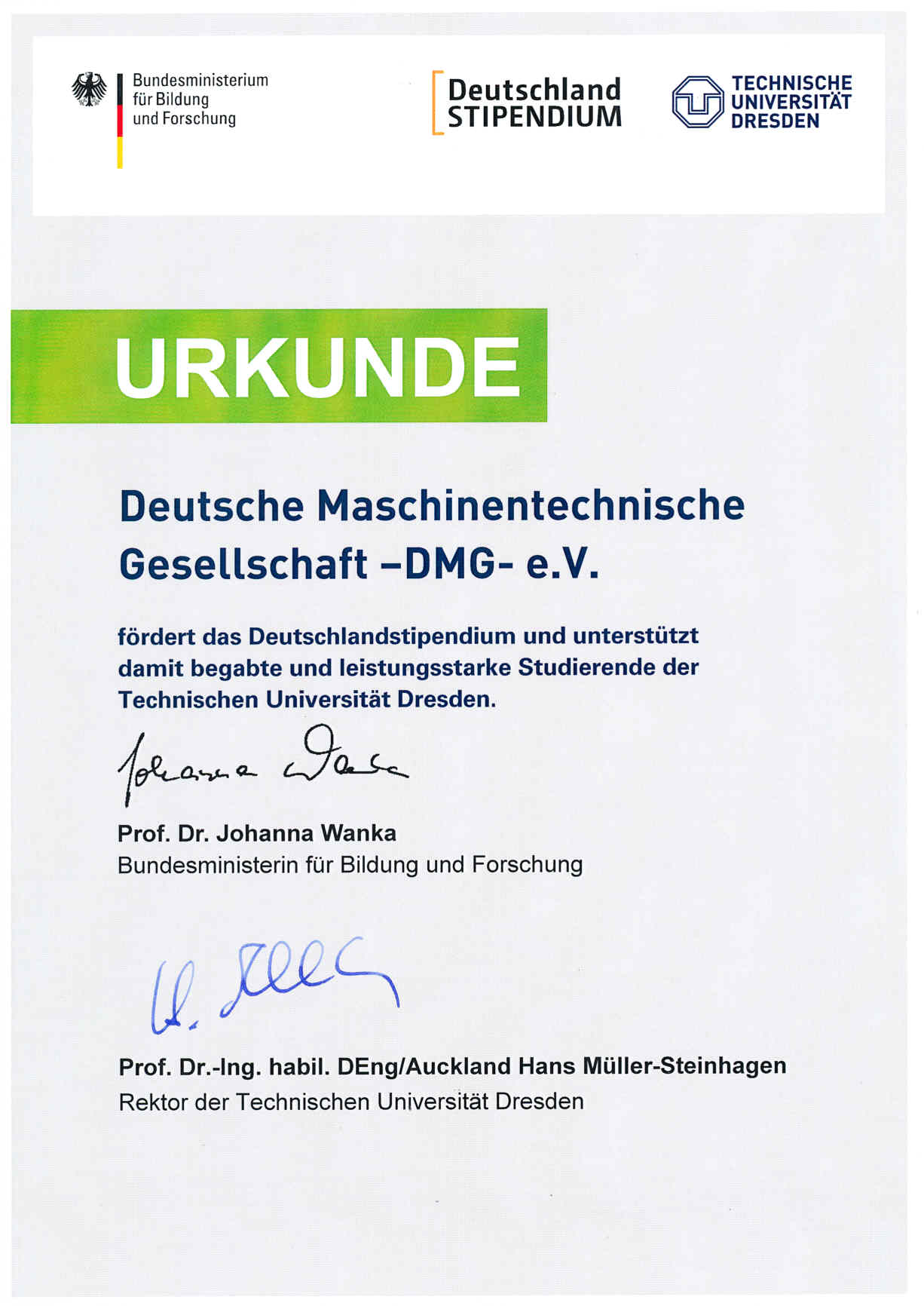 Urkunde Deutschland-Stipendium